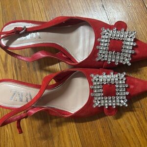 Zara Red Heels with Crystal Embellishments